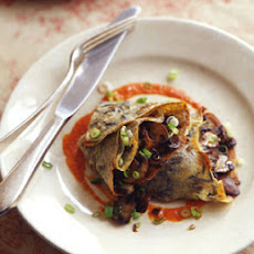 Scallion Wild Rice Crepes with Mushroom Filling and Red Pepper Sauce