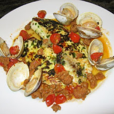 Moroccan Pesto Rockfish With Clam and Chorizo Sauce