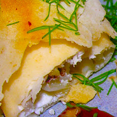 Easy pastry wraps with feta, fennel, chestnut, mushroom, ginger, and dill