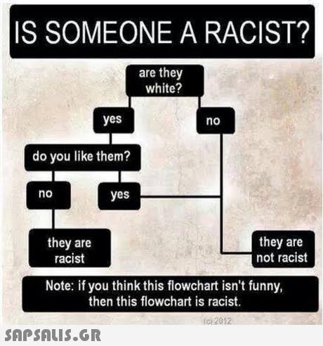 IS SOMEONE A RACIST? are they white? yes no do you like them? no yes they are racist they are not racist Note: if you think this flowchart isn t funny, then this flowchart is racist. (ci 20 