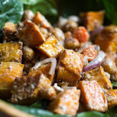 Spinach Salad with Roasted Vegetables and Spiced Chickpea