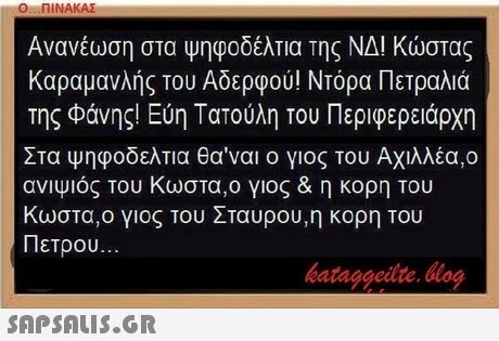 Ο ΠΙΝΑΚΑΣ Ανανέωση στα ψηφοδέλτια της ΝΔΙ Κώστας Καραμανλης του Αοερφου! Ντορα Πετραλια της Φάνης! Εύη Τατούλη του Περιφερειάρχη Στα Ψηφοδελπα θα ναι ο γιος του Αχιλλέα,ο ανιψιός Του Κωστα , ο γιος & η κορη του Κωστα,ο γιος του Σταυρου, η κορη Του Πετρου hataggeilte, log 