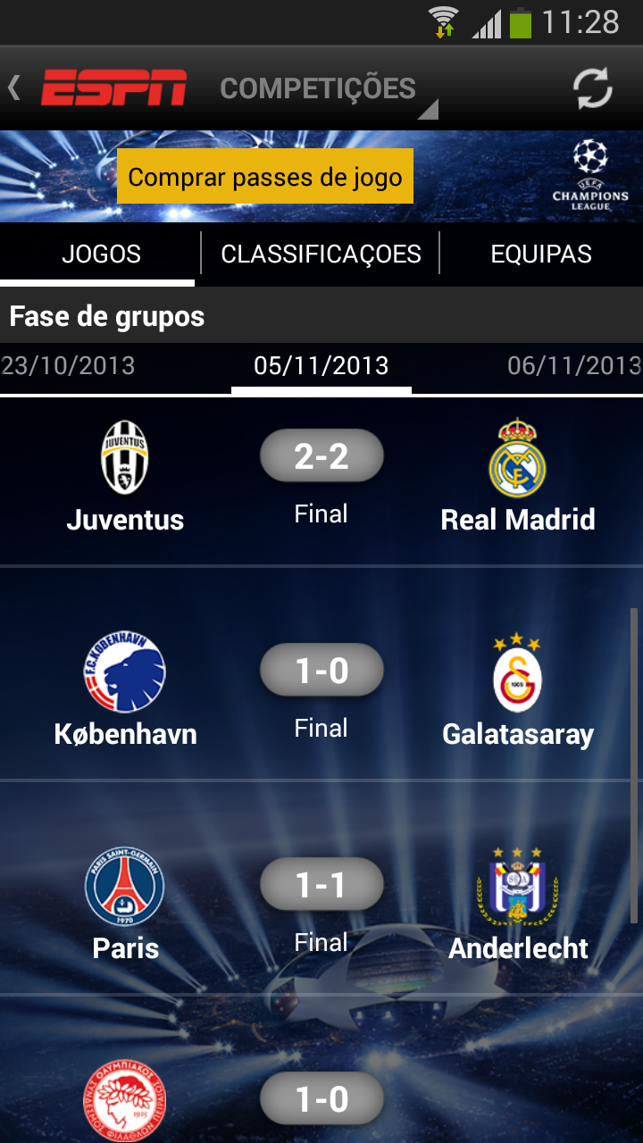 Android application ESPN Brasil Match Tracker screenshort