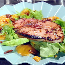 Chef Dave's Seared Ham Steak Salad with Bibb Lettuce, Warm Sweet Potato-Bourbon Dressing and Candied Pecans
