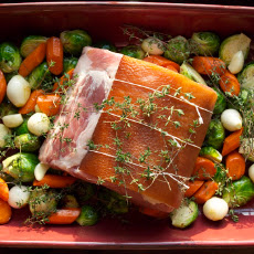 Applewood Smoked Bacon Rind Barded Pork Loin Roast with Fall Vegetables