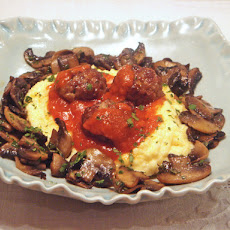 Polenta with spicy meatballs and sautéed mushrooms