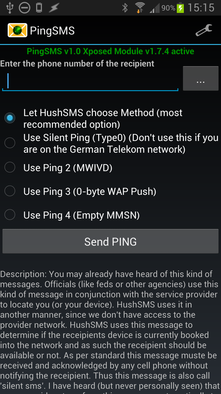 Android application PingSMS screenshort