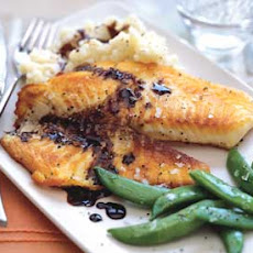 Tilapia with Balsamic Butter Sauce, Thyme Mashed Potatoes, and Sugar Snap Peas