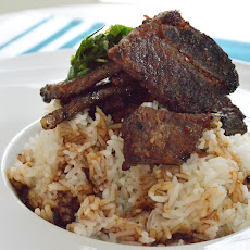 Korean BBQ ribs, white rice, dill and chives salad