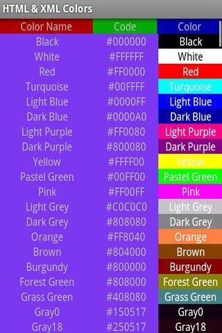 HTML XML Color Codes