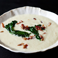 Creamy Spring Turnip Soup With Wilted Radish Greens And Bacon
