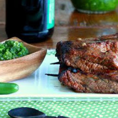 Beer and Sriracha Marinated Beef Skewers with Green Chile Sauce