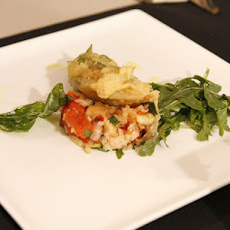 Fried Zucchini Blossoms with Grilled Vegetable Panzanella and Baby Arugula Salad