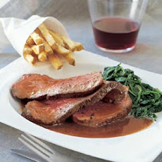 Beef Tenderloin with Red Wine Sauce, Creamed Spinach, and Truffled French Fries