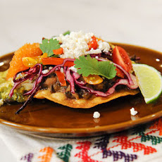 Chicken Tomatillo Tostadas with Refried Black Beans and Cabbage-Pepper Slaw