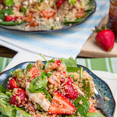 Strawberry BBQ Chicken Spinach and Quinoa Salad with Bacon, Avocado and Goat Cheese