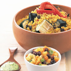Curried Couscous with Roasted Vegetables, Peach Chutney, and Cilantro Yogurt