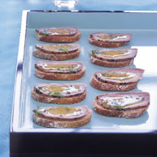 Dill-Cured Pork Crostini with Sweet Mustard Sauce