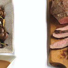 Marinated Tri-Tip with Chinese Mustard Sauce and Roasted Green Onions and Mushrooms