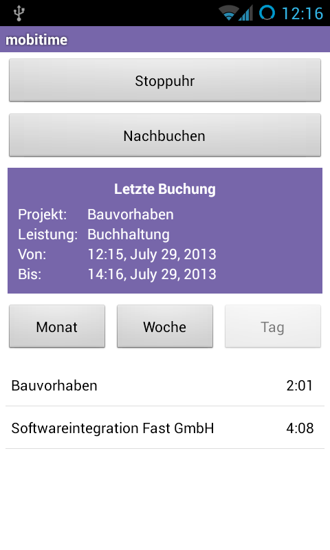 Android application mobitime – Zeiterfassung screenshort