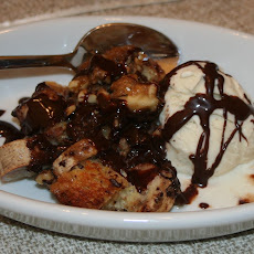 Chunky Monkey Bananas Foster Bread Pudding with Chocolate Sauce