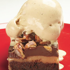 Layered Brownies with White-Chocolate Caramel and Cocoa Nib Gelato