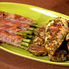 Lemon-Garlic-Herb Chicken with Grilled Prosciutto Wrapped Asparagus and Pesto 3 Bean Salad