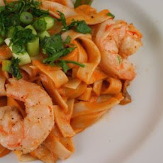 Curried Pasta with Shrimp, Snap Peas, and Shiitakes
