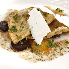 Beet Green Pierogi with Mixed Summer Beets, Brown Butter Sauce, and Ricotta Salata