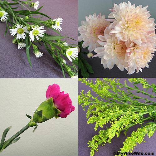 From top left clockwise: White Aster, Pinkish Chysanthemums,Yellow Aster and Voilet Carnation From top left clockwise: White Aster, Pinkish Chysanthemums,Yellow Aster and Voilet Carnation