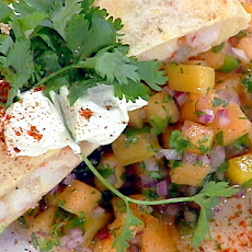 Rock Shrimp Quesadillas with Cantaloupe, Berry, and Peach Salsa
