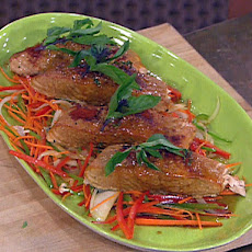 Cedar Plank Salmon Parmesan with Asian Reduction Sauce over Sauteed Julienned Vegetables