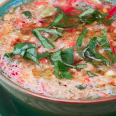Confetti Gazpacho Recipe with Yellow Tomatoes, Red Peppers, and Basil