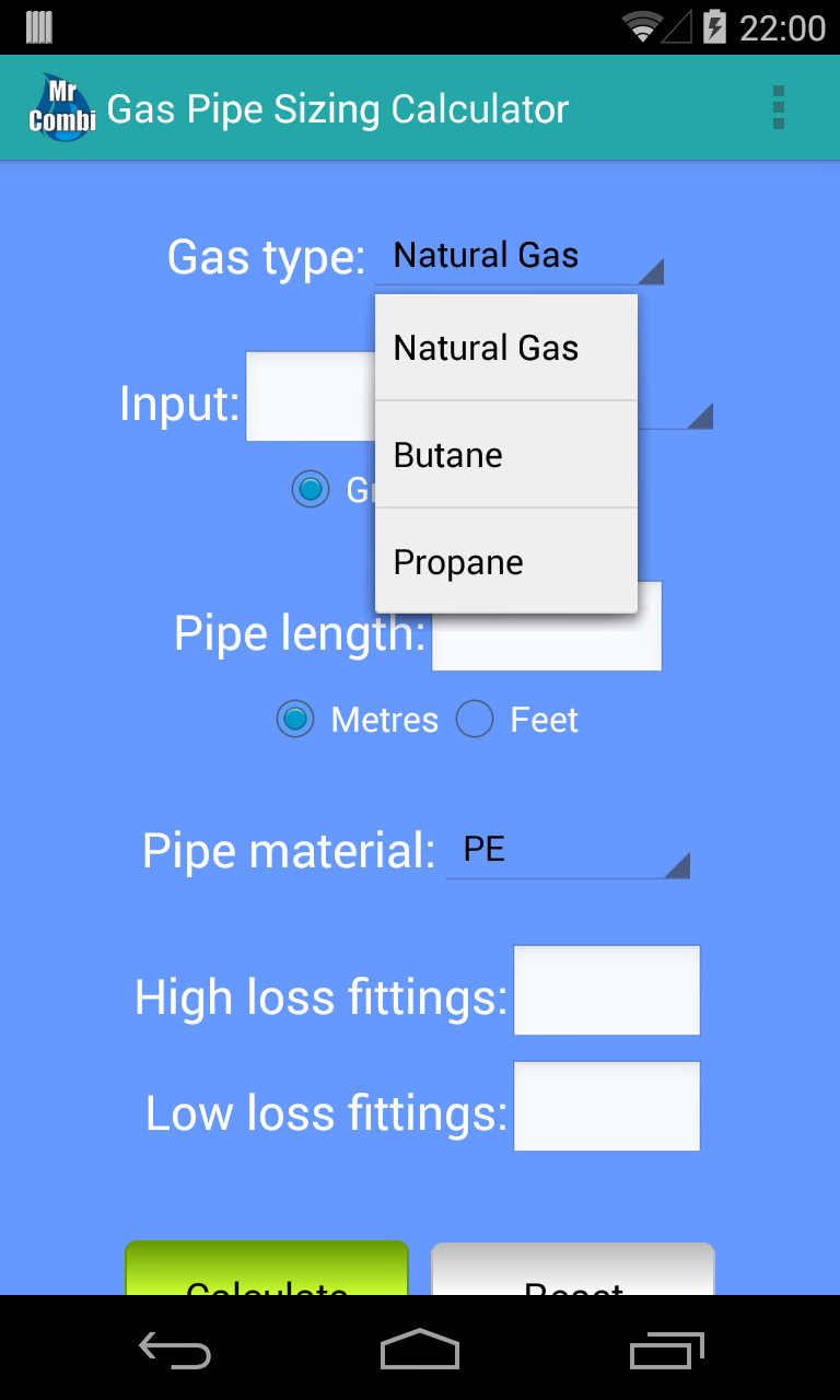 Android application Gas Pipe Sizing Calculator screenshort
