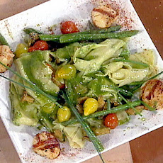 Grilled Sea Scallops with Pasta Rags, Homemade Pesto, Current Tomatoes, Fresh Asparagus and Chantrelle Mushrooms