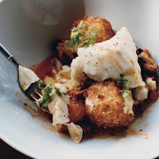 Cod with Mussels, Chorizo, Fried Croutons, and Saffron Mayonnaise