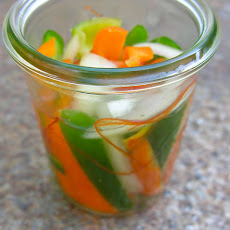 Pickled hot, sweet chili peppers and onions