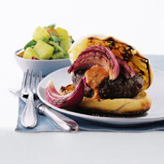 Buffalo Burgers with Pickled Onions and Smoky Red Pepper Sauce