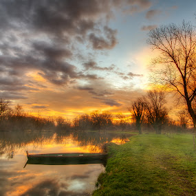 Foggy Dawn by Boris Frković - Landscapes Waterscapes ( clouds, sky, dawn, color, fog, lake, sunrise, boat )