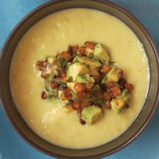 Fresh Corn Soup Topped with Roasted Corn Guacamole