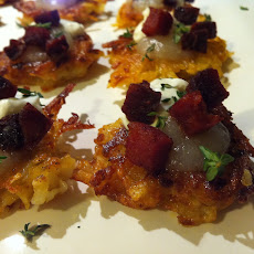 Potato Pancakes with Crispy Chorizo, Pear, and Cream