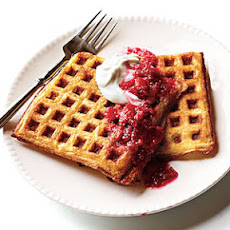 Lemon Cornmeal Waffles with Raspberry-Rhubarb Compote