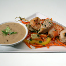 Chicken and Shrimp Satay with Coconut Peanut Sauce and Fresh Vegetable Salad