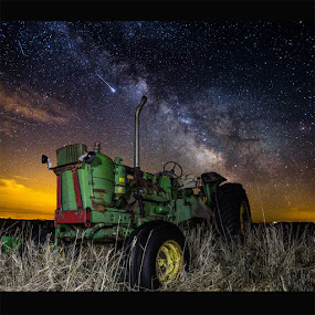 Farming The Rift II by Aaron Groen - Landscapes Nightscapes ( dark rift, great rift, farming the rift, milkywaystars, shooting star, meteor, south dakota, fire balls, meteor.shooting star, tractor, milky way )