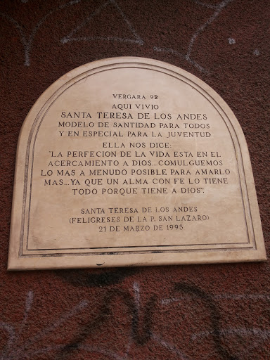 Placa Recordatorio Hogar De Santa Teresa De Los Andes