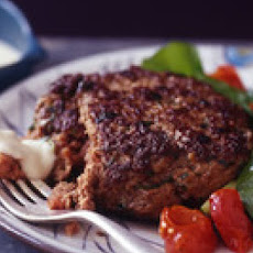 Knife-and-Fork Burgers with Provolone Dipping Sauce and Roasted Tomato Salad