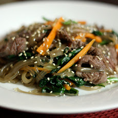 Dinner Tonight: Korean Japchae (Noodles with Spinach, Carrot, and Beef)