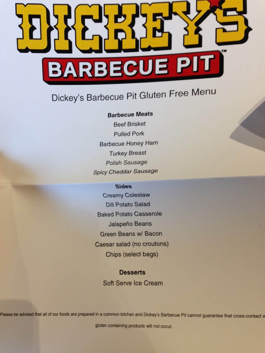 Dickey's Barbecue Pit gluten-free menu