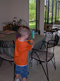 Jay getting candy out of the Snoopy car.