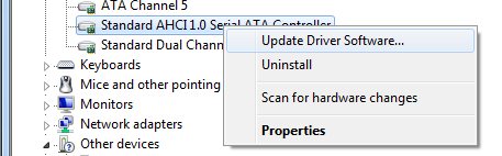 ... manager right click on the standard ahci 1 0 serial ata controller